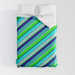 [ Thumbnail: Light Sea Green, Powder Blue, Lime, Dark Blue, and Aqua Colored Lines Pattern Duvet Cover ]