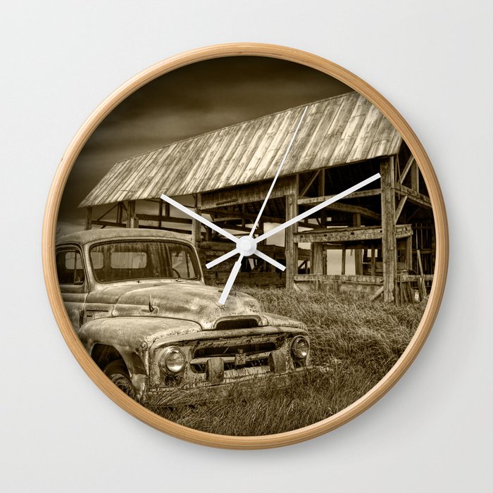 Rusted Pickup Truck in Sepia Tone in a Rural Landscape Wall Clock
