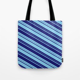 [ Thumbnail: Midnight Blue and Sky Blue Colored Lines Pattern Tote Bag ]