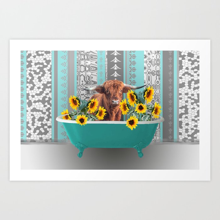bathtub with Highland cow and sunflowers Art Print