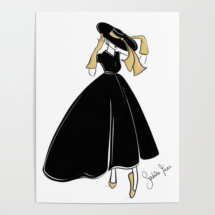 1950's Inspired Fashion Illustration Black & White with Gold Poster