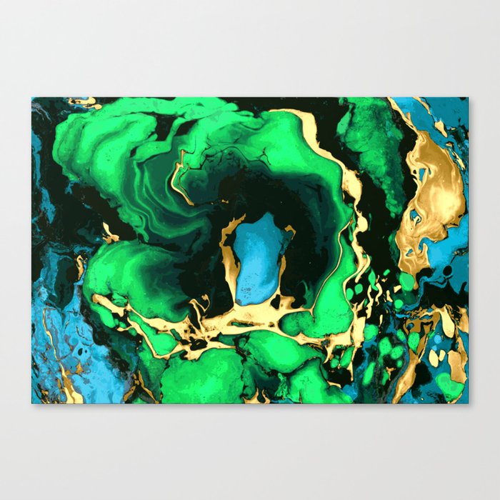 Gold Green And Black Marble Texture Acrylic Paint Art Canvas Print