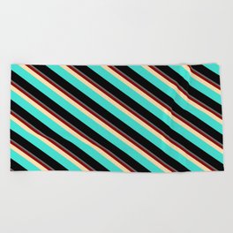 [ Thumbnail: Colorful Dim Gray, Maroon, Tan, Turquoise & Black Colored Stripes/Lines Pattern Beach Towel ]