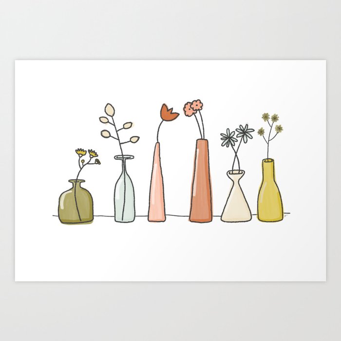 Simple Illustrated Wildflowers in Vases Art Print