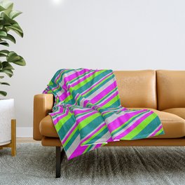 [ Thumbnail: Light Grey, Fuchsia, Green, and Dark Cyan Colored Lines/Stripes Pattern Throw Blanket ]