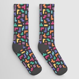 Tetris bricks jewel tones on black pattern Socks