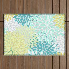 Floral Prints, Teal, Turquoise and Yellow Outdoor Rug
