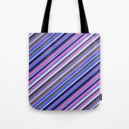 [ Thumbnail: Orchid, Royal Blue, Light Gray, Midnight Blue & Dim Gray Colored Lined Pattern Tote Bag ]