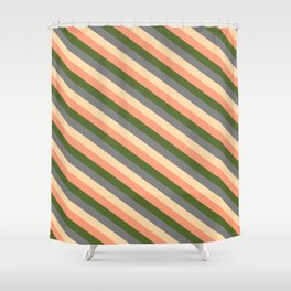 [ Thumbnail: Dark Olive Green, Grey, Tan, and Light Salmon Colored Striped Pattern Shower Curtain ]