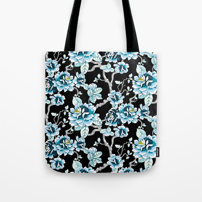 Spring Flowers Pattern Blue on Black Tote Bag