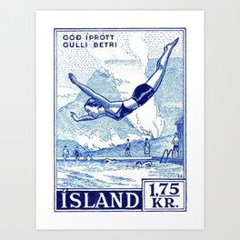  1955 ICELAND Water Sports Postage Stamp Art Print