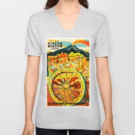 Sicily Italy Vintage Travel Ad V Neck T Shirt