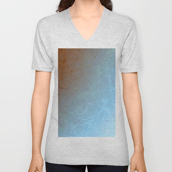 geometric pixel square pattern abstract background in brown blue V Neck T Shirt