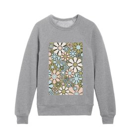 Retro Garden Flowers Groovy 60s 70s Spring Floral Pattern in Classic Green Blush Buff Blue Kids Crewneck