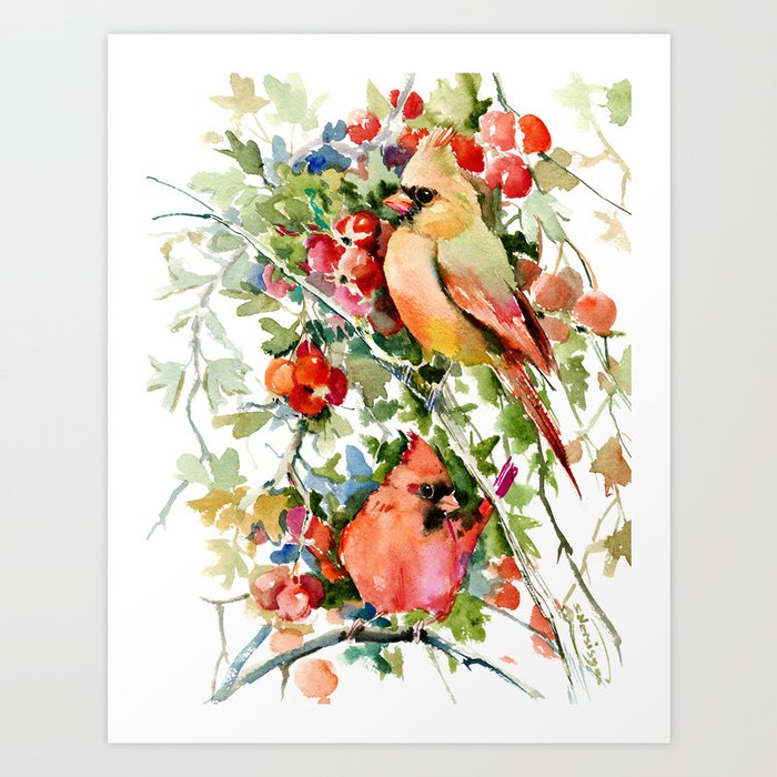Cardinal Birds and Hawthorn, Cardinal Bird Christmas Design art floral bird decor Art Print