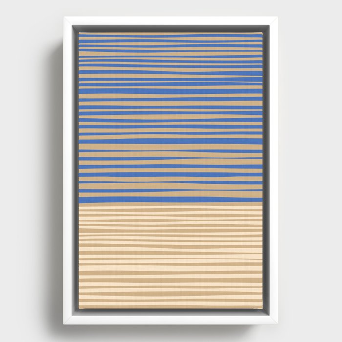 Natural Stripes Modern Minimalist Colour Block Pattern in Oat Beige and Blue Framed Canvas