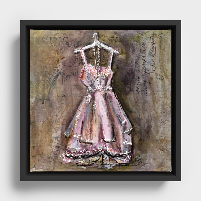 Vintage Pink Dress with Pearls Mixed Media Framed Canvas