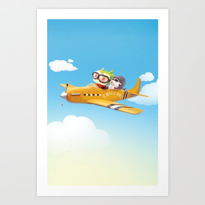 Little pilot and dog on a plane in the Sky Art Print