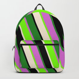 [ Thumbnail: Colorful Green, Beige, Black, Forest Green, and Orchid Colored Stripes/Lines Pattern Backpack ]