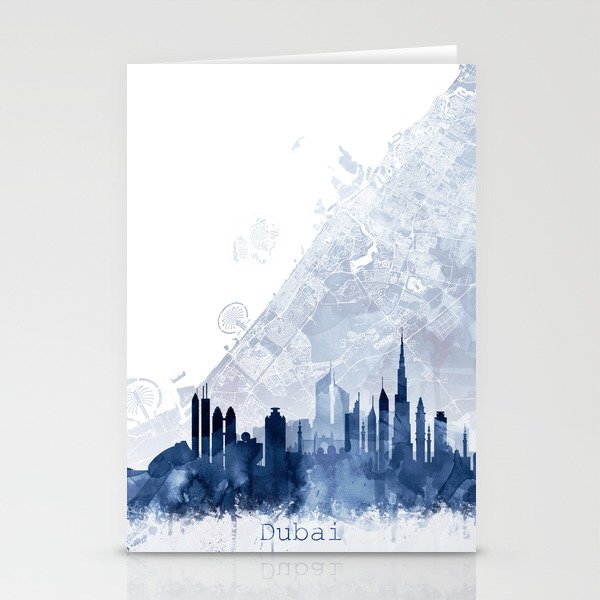 Dubai Skyline & Map Watercolor Navy Blue, Print by Zouzounio Art Stationery Cards