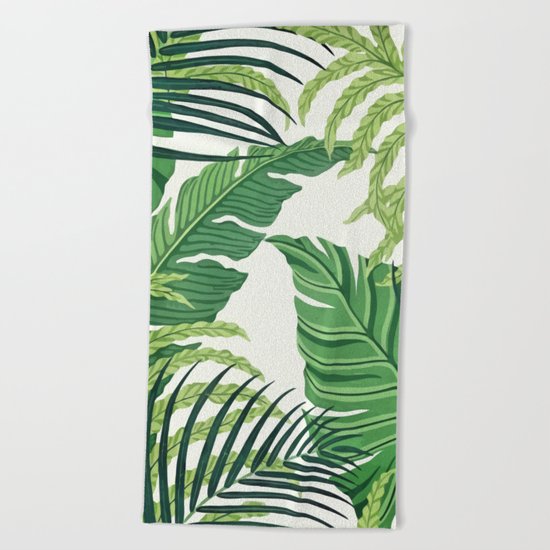 Green tropical leaves II Beach Towel