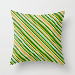 [ Thumbnail: Green, Light Gray, and Goldenrod Colored Striped Pattern Throw Pillow ]
