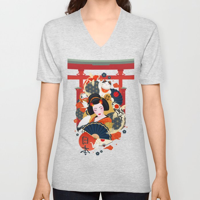 Traditional Geisha Japan V Neck T Shirt
