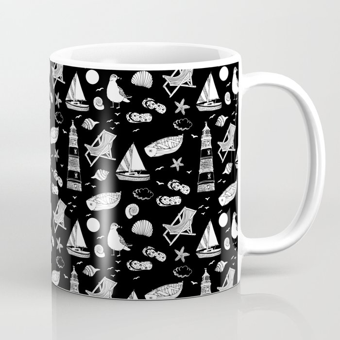 Black And White Summer Beach Elements Pattern Coffee Mug