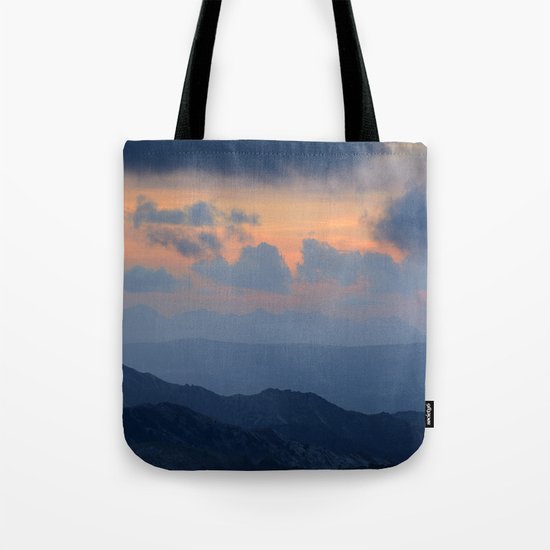 "Sunset at mountains" Mountain light Tote Bag
