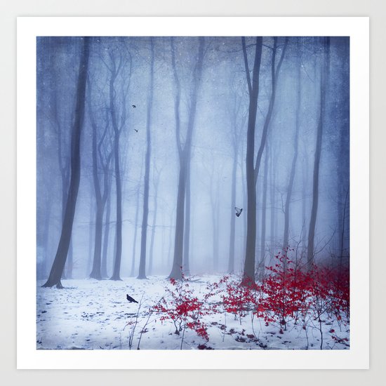 winter forest with birds Art Print