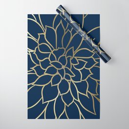 Floral Prints, Line Art, Navy Blue and Gold Wrapping Paper
