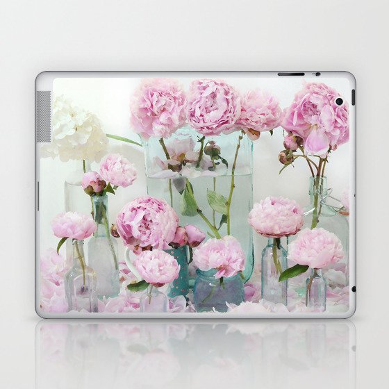Peonies Cottage Aqua Pink Shabby Chic Watercolor Peony Prints Home Decor Laptop & iPad Skin
