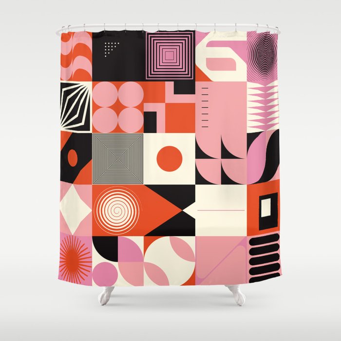 Scandinavian inspired artwork pattern made with simple geometrical forms and cutout colorful shapes. Abstract composition Shower Curtain