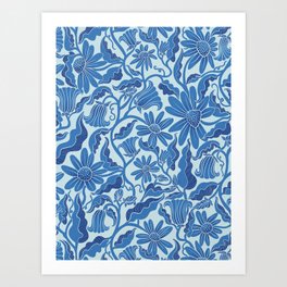 Monochrome Florals Blue Art Print