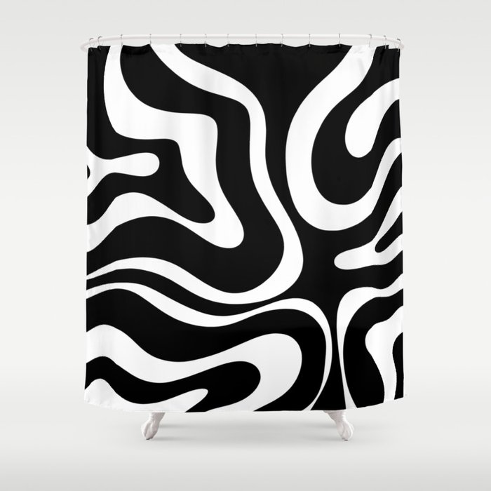 Modern Retro Liquid Swirl Abstract Pattern in Black and White Shower Curtain