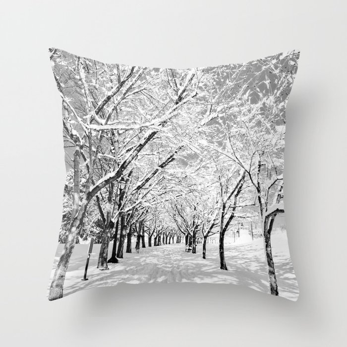 Light Through Snow Covered Trees, B&W Throw Pillow