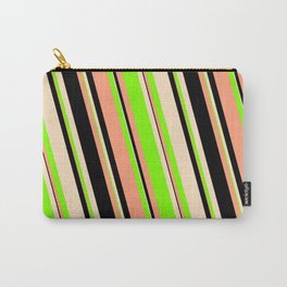 [ Thumbnail: Light Salmon, Black, Bisque & Chartreuse Colored Striped/Lined Pattern Carry-All Pouch ]