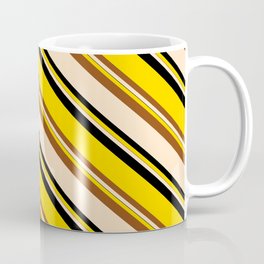 [ Thumbnail: Yellow, Brown, Bisque & Black Colored Pattern of Stripes Coffee Mug ]