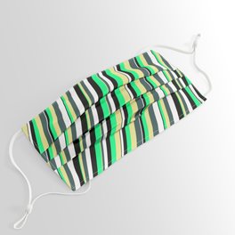 [ Thumbnail: Vibrant Green, Tan, Dark Slate Gray, White, and Black Colored Striped/Lined Pattern Face Mask ]
