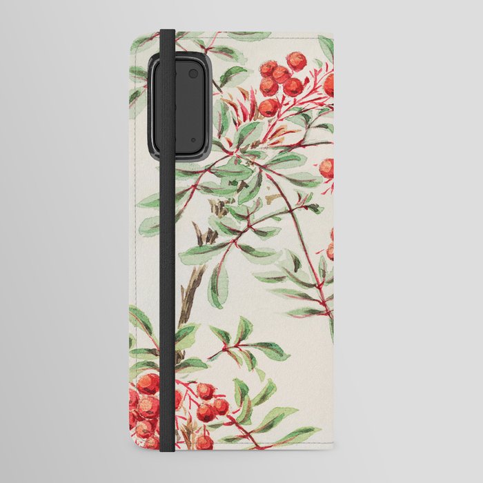 Vintage Japanese Painting Of Red Berry-Botanical Green Leaves Plant Android Wallet Case