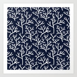 Navy Blue and White ocean Coral Pattern Summer  Art Print