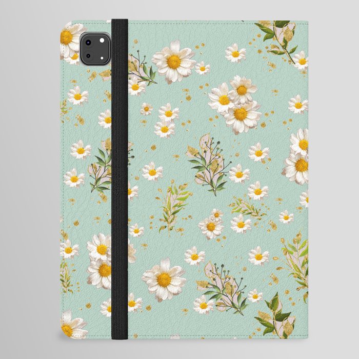 White Daisies Floral Pattern Seamless Sage Olive Green iPad Folio Case