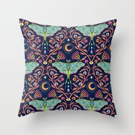 Spring Night Luna Moth damask with moon and flowers Throw Pillow