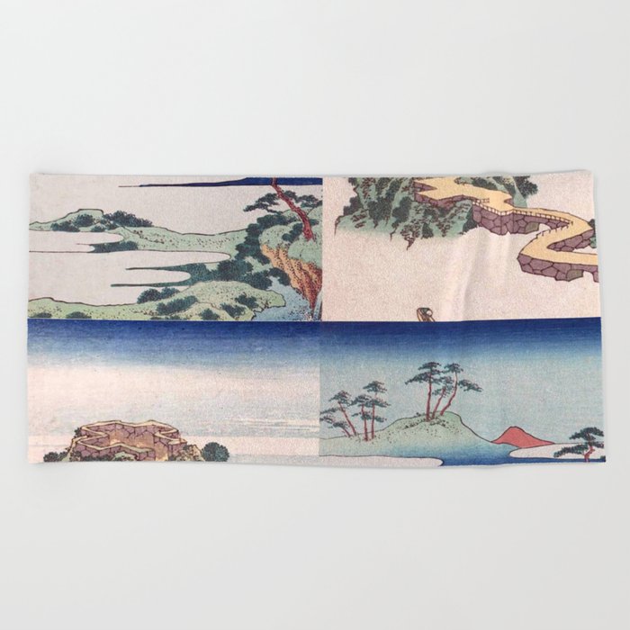 Mix of Hokusai 10: Views of Ryukyu the sacred fountain at castle peak and the the sound of the lake at Rinkai  Beach Towel