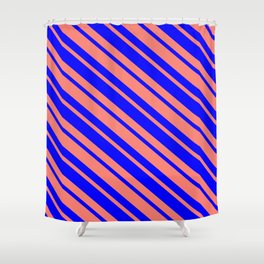 [ Thumbnail: Blue & Salmon Colored Lined Pattern Shower Curtain ]