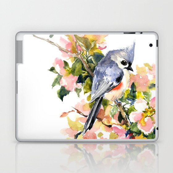 Titmouse Bird and Spring Blossom, floral pink green spring colors Laptop & iPad Skin