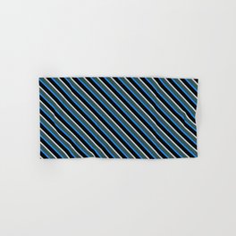 [ Thumbnail: Light Grey, Dark Slate Gray, Blue & Black Colored Lines/Stripes Pattern Hand & Bath Towel ]