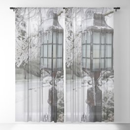 Winter Welcome Rustic Lamppost and Landscape with Snow and Ice Sheer Curtain