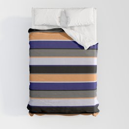 [ Thumbnail: Vibrant Black, Dim Grey, Brown, Lavender & Midnight Blue Colored Pattern of Stripes Duvet Cover ]