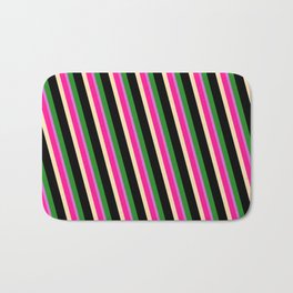 [ Thumbnail: Vibrant Deep Pink, Beige, Black, Forest Green, and Orchid Colored Lines Pattern Bath Mat ]